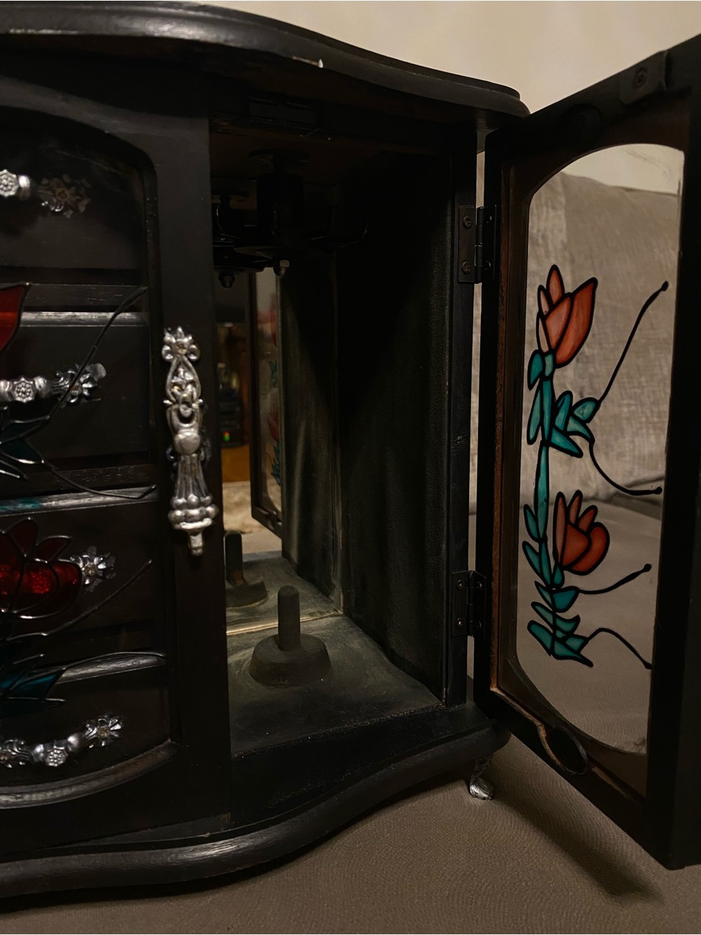 Vintage Hand Painted Black Wooden Jewelry Armoire with Stained Glass Doors - Picture 3 of 9